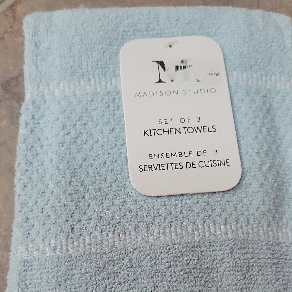 Set of 3 Madison Studio Kitchen Towels Light Blue White Cotton Waffle 18